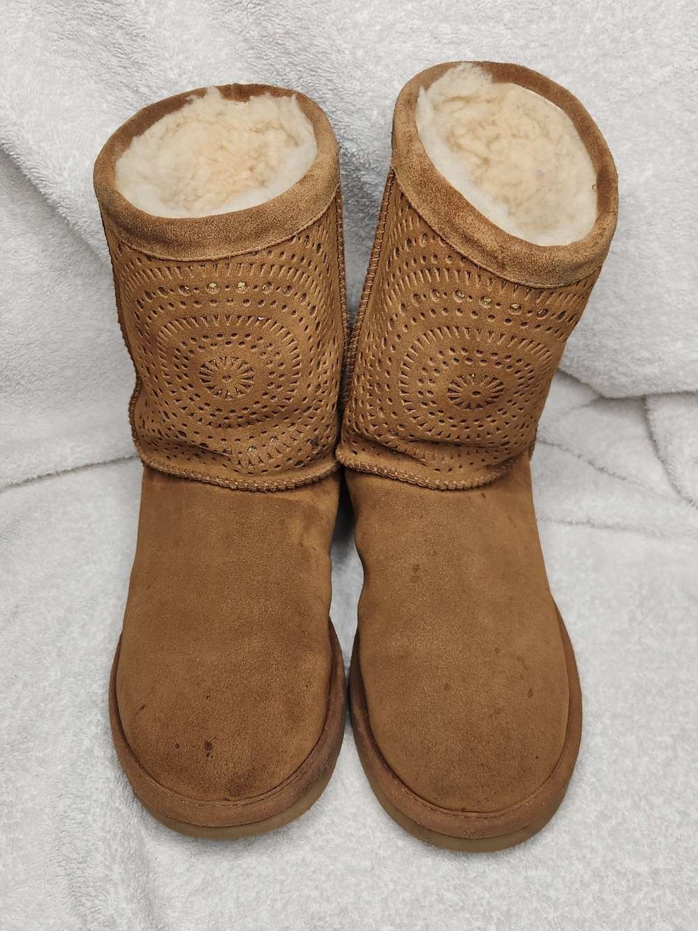 UGG Chestnut Perforated Suede Shearling Short Boots